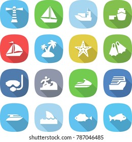 flat vector icon set - lighthouse vector, boat, sea shipping, port, sail, island, starfish, flippers, diving mask, surfer, jet ski, cruise ship, yacht, shark flipper, fish