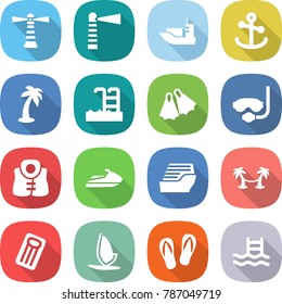 flat vector icon set - lighthouse vector, sea shipping, anchor, palm, pool, flippers, diving mask, life vest, jet ski, cruise ship, hammock, inflatable mattress, windsurfing, flip flops