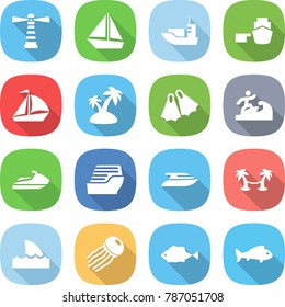 flat vector icon set - lighthouse vector, boat, sea shipping, port, sail, island, flippers, surfer, jet ski, cruise ship, yacht, palm hammock, shark flipper, jellyfish, fish