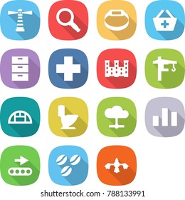 flat vector icon set - lighthouse vector, magnifier, smart bracelet, add to basket, archive, cross, palace, tower crane, greenhouse, toilet, cloud, chart, conveyor, coffee seeds