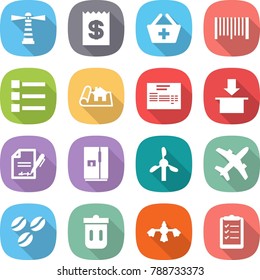 flat vector icon set - lighthouse vector, receipt, add to basket, bar code, list, project, invoice, package, inventory, fridge, windmill, plane, coffee seeds, trash bin, hard reach place cleaning