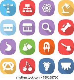 flat vector icon set - lighthouse vector, hierarchy, atom, table lamp, market, magnifier, broken bone, stomach, flippers, led, turk, pretzel, cherry, cow, udder