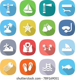 flat vector icon set - lighthouse vector, boat, lounger, island, starfish, flippers, diving mask, surfer, life vest, palm hammock, shark flipper, jellyfish, flip flops, pool, fish