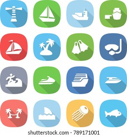 flat vector icon set - lighthouse vector, boat, sea shipping, port, sail, island, flippers, diving mask, surfer, jet ski, cruise ship, yacht, palm hammock, shark flipper, jellyfish, fish