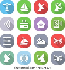flat vector icon set - lighthouse vector, boat, satellite antenna, wireless, tap to pay, home, mobile, equalizer, sail, surfer, magnetic field