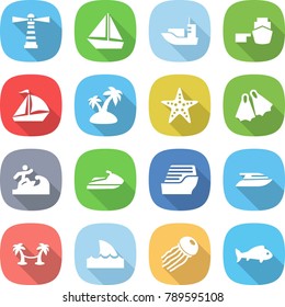 flat vector icon set - lighthouse vector, boat, sea shipping, port, sail, island, starfish, flippers, surfer, jet ski, cruise ship, yacht, palm hammock, shark flipper, jellyfish, fish