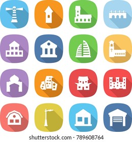 flat vector icon set - lighthouse vector, tower, mansion, bridge, cottage, library, skyscraper, church, minaret, modern architecture, japanese house, palace, outdoor light, home, garage