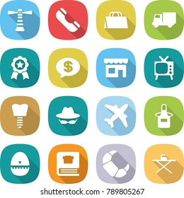 flat vector icon set - lighthouse vector, phone, shopping bag, truck, medal, money message, shop, tv, tooth implant, confidential, airplane, apron, egg timer, cooking book, croissant, iron board