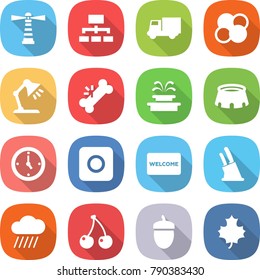 flat vector icon set - lighthouse vector, hierarchy, truck, atom core, table lamp, broken bone, fountain, stadium, watch, ring button, welcome mat, knife holder, rain cloud, cherry, acorn