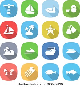flat vector icon set - lighthouse vector, boat, sea shipping, port, sail, island, starfish, flippers, surfer, jet ski, cruise ship, yacht, palm hammock, jellyfish, fish