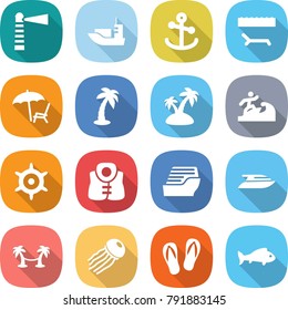 flat vector icon set - lighthouse vector, sea shipping, anchor, lounger, palm, island, surfer, handwheel, life vest, cruise ship, yacht, hammock, jellyfish, flip flops, fish