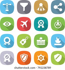flat vector icon set - lighthouse vector, funnel, share, eye, plane, medal, rocket, medical label, university, flammable, shield, handwheel