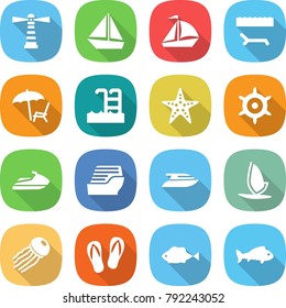 flat vector icon set - lighthouse vector, boat, sail, lounger, pool, starfish, handwheel, jet ski, cruise ship, yacht, windsurfing, jellyfish, flip flops, fish