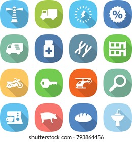 flat vector icon set - lighthouse vector, truck, lightning, percent, delivery, pills bottle, chromosomes, modular house, motorcycle, key, helicopter, magnifier, coffee maker, pig, bread