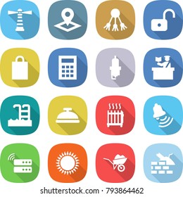 flat vector icon set - lighthouse vector, pointer, share, unlock, shopping bag, calculator, spark plug, inspector, pool, service bell, radiator, server, gas oven, wheelbarrow, construct garbage