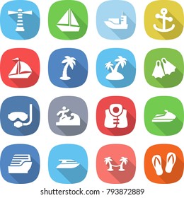 flat vector icon set - lighthouse vector, boat, sea shipping, anchor, sail, palm, island, flippers, diving mask, surfer, life vest, jet ski, cruise ship, yacht, hammock, flip flops