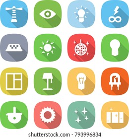 flat vector icon set - lighthouse vector, eye, bulb, infinity power, taxi, sun, disco ball, window, floor lamp, led, ladle, shining, clean