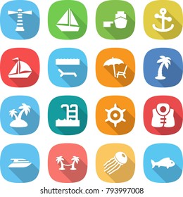 flat vector icon set - lighthouse vector, boat, port, anchor, sail, lounger, palm, island, pool, handwheel, life vest, yacht, hammock, jellyfish, fish