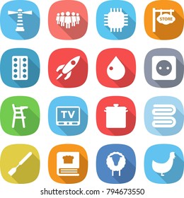 flat vector icon set - lighthouse vector, team, chip, store signboard, pills blister, rocket, drop, power socket, Chair for babies, tv, pan, towel, spatula, cooking book, sheep, chicken