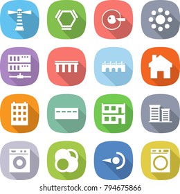 flat vector icon set - lighthouse vector, hex molecule, cell corection, round around, server, bridge, home, building, bunker, modular house, district, washing machine, atom core, photon