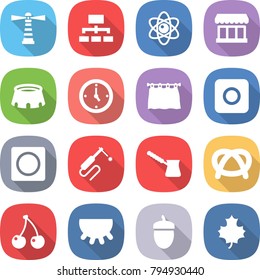 flat vector icon set - lighthouse vector, hierarchy, atom, market, stadium, watch, curtain, ring button, welding, turk, pretzel, cherry, udder, acorn, maple leaf