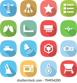flat vector icon set - lighthouse vector, share, star, list, lungs, ruler, truck shipping, plane, car baggage, bell, 3d, projector, knife holder, grill oven, thermometer, bbq