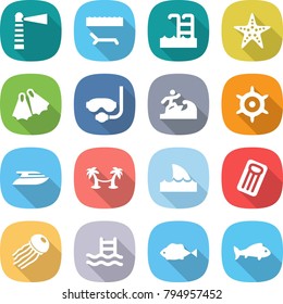 flat vector icon set - lighthouse vector, lounger, pool, starfish, flippers, diving mask, surfer, handwheel, yacht, palm hammock, shark flipper, inflatable mattress, jellyfish, fish