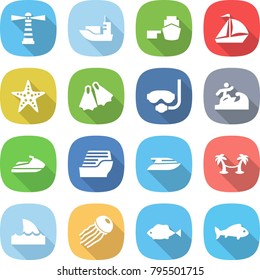 flat vector icon set - lighthouse vector, sea shipping, port, sail boat, starfish, flippers, diving mask, surfer, jet ski, cruise ship, yacht, palm hammock, shark flipper, jellyfish, fish