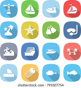 flat vector icon set - lighthouse vector, boat, sea shipping, sail, island, starfish, flippers, diving mask, surfer, cruise ship, yacht, palm hammock, shark flipper, jellyfish, fish