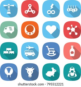 flat vector icon set - lighthouse vector, spinner, infinity power, sale, delivery, necklace, heart, virus, block wall, transfer, rocking chair, ketchup, sheep, cow, rabbit, cleaner