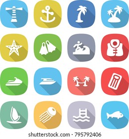 flat vector icon set - lighthouse vector, anchor, palm, island, starfish, flippers, surfer, life vest, jet ski, yacht, hammock, inflatable mattress, windsurfing, jellyfish, pool, fish