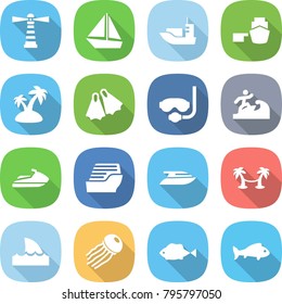 flat vector icon set - lighthouse vector, boat, sea shipping, port, island, flippers, diving mask, surfer, jet ski, cruise ship, yacht, palm hammock, shark flipper, jellyfish, fish