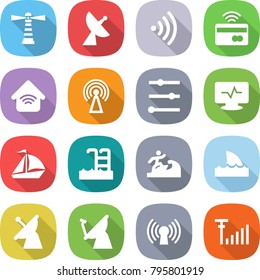 flat vector icon set - lighthouse vector, satellite antenna, wireless, tap to pay, home, equalizer, monitor pulse, sail boat, pool, surfer, shark flipper, signal