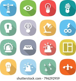 flat vector icon set - lighthouse vector, eye, bulb, head, brain, table lamp, infinity power, alarm, taxi, window, siren, shining, hard reach place cleaning