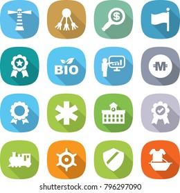 flat vector icon set - lighthouse vector, share, dollar magnifier, flag, medal, bio, presentation, crypto currency, ambulance star, university, train, handwheel, shield, handle washing