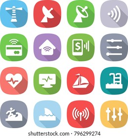 flat vector icon set - lighthouse vector, satellite antenna, wireless, tap to pay, home, mobile, equalizer, heart pulse, monitor, sail boat, pool, surfer, shark flipper, setup