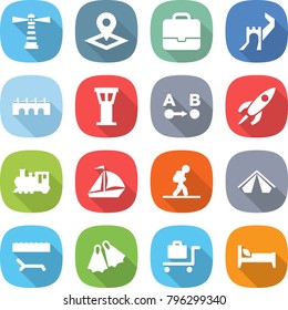 flat vector icon set - lighthouse vector, pointer, portfolio, greate wall, bridge, airport tower, route a to b, rocket, train, sail boat, tourist, tent, lounger, flippers, baggage trolley, bed
