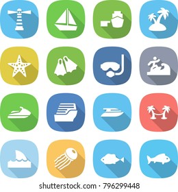 flat vector icon set - lighthouse vector, boat, port, island, starfish, flippers, diving mask, surfer, jet ski, cruise ship, yacht, palm hammock, shark flipper, jellyfish, fish