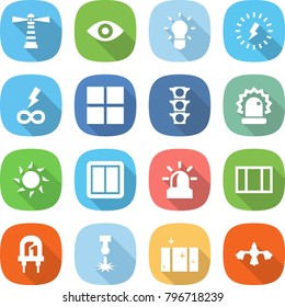 flat vector icon set - lighthouse vector, eye, bulb, lightning, infinity power, window, traffic light, alarm, sun, switch, led, laser, clean, hard reach place cleaning