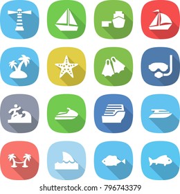 flat vector icon set - lighthouse vector, boat, port, sail, island, starfish, flippers, diving mask, surfer, jet ski, cruise ship, yacht, palm hammock, shark flipper, fish