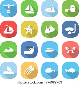 flat vector icon set - lighthouse vector, boat, sea shipping, port, sail, starfish, flippers, diving mask, jet ski, cruise ship, yacht, palm hammock, shark flipper, jellyfish, fish
