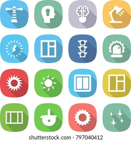 flat vector icon set - lighthouse vector, bulb head, brain, table lamp, lightning, window, traffic light, alarm, sun, power switch, ladle, shining