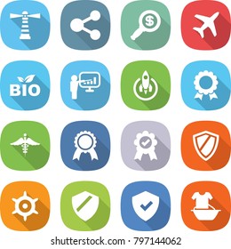 flat vector icon set - lighthouse vector, share, dollar magnifier, plane, bio, presentation, rocket, medal, ambulance sign, shield, handwheel, handle washing