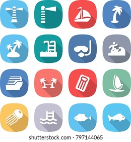 flat vector icon set - lighthouse vector, sail boat, palm, island, pool, diving mask, surfer, cruise ship, hammock, inflatable mattress, windsurfing, jellyfish, fish