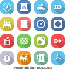 flat vector icon set - lightning vector, nuclear power, eco car, battery, factory, barrel, barometer, socket, radiator, atom, core, electron, electric magnet, kettle, windmill