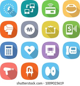 flat vector icon set - lightning vector, notebook connect, tap to pay, smart bracelet, virtual mask, crypto currency, electrostatic, mobile, calculator, pacemaker, atm, intercome, hair dryer, led
