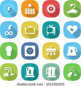 flat vector icon set - lightning vector, sun power, electric car, infinity, electrostatic, tv, pacemaker, bulb, socket, air conditioning, kettle, vacuum cleaner