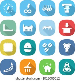 flat vector icon set - lightning vector, infinity power, sale, column, ruler, gothic architecture, bridge, package, cpu, egg timer, coffee seeds, cow, peas, vacuum cleaner, house cleaning