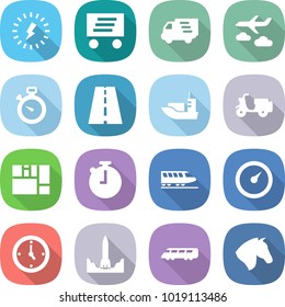 flat vector icon set - lightning vector, delivery, journey, stopwatch, road, sea shipping, scooter, consolidated cargo, train, barometer, watch, rocket start, speed, horse