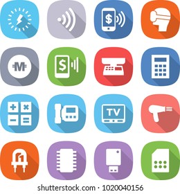 flat vector icon set - lightning vector, wireless, phone pay, virtual mask, crypto currency, mobile, market scales, calculator, intercome, tv, hair dryer, led, chip, usb flash, sim card